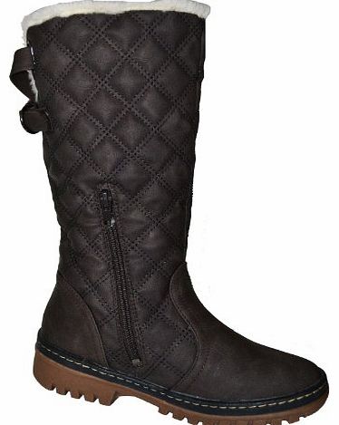 ORIGINMENSWEAR [Khaki, 7] LADIES WOMENS G1 CALF LENGTH FUR LINED QUILTED BUCKLE BIKER RIDING BOOT SHOES